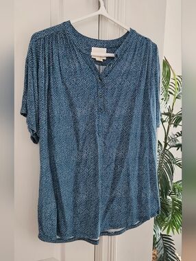 Anthropologie  Maeve Blue Printed Short-Sleeve Button Henley